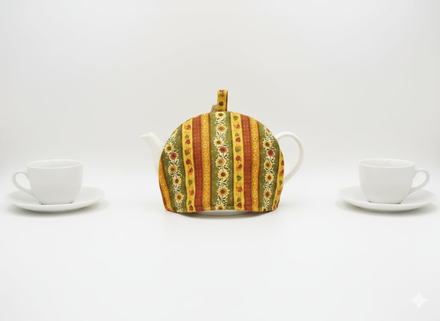 Fabric Tea Cosy with Sunflowers and Stripes  Farmhouse Style Gift for Tea Lov