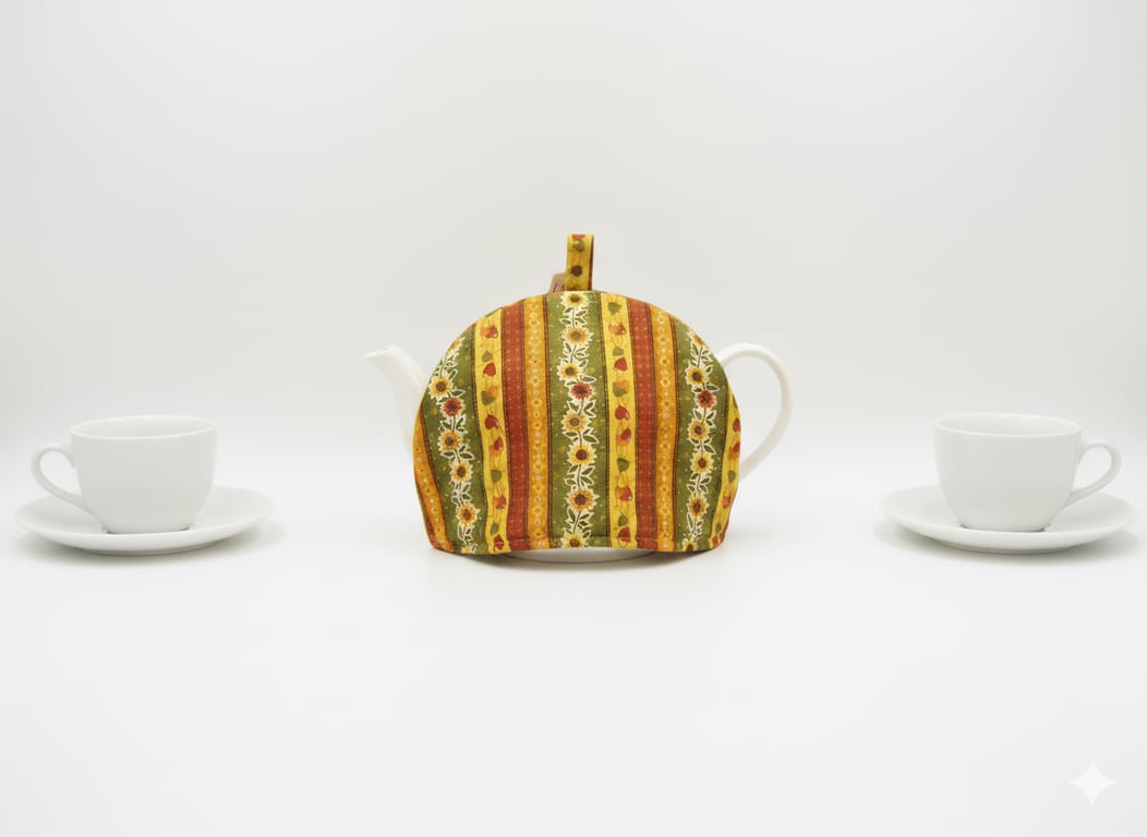 Fabric Tea Cosy with Sunflowers and Stripes  Farmhouse Style Gift for Tea Lov