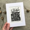 Burdock: Original, hand printed lino cut print by Suffolk artist Beth Knight