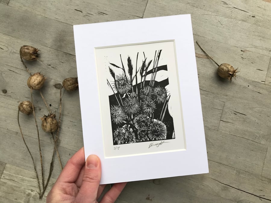 Burdock: Original, hand printed lino cut print by Suffolk artist Beth Knight
