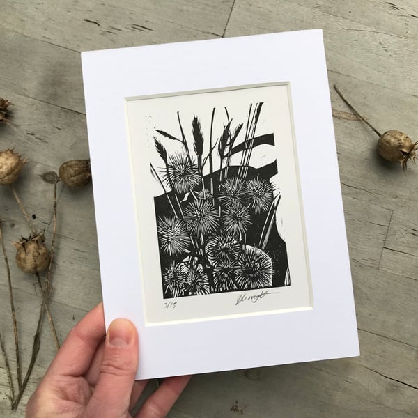 Burdock: Original, hand printed lino cut print by Suffolk artist Beth Knight
