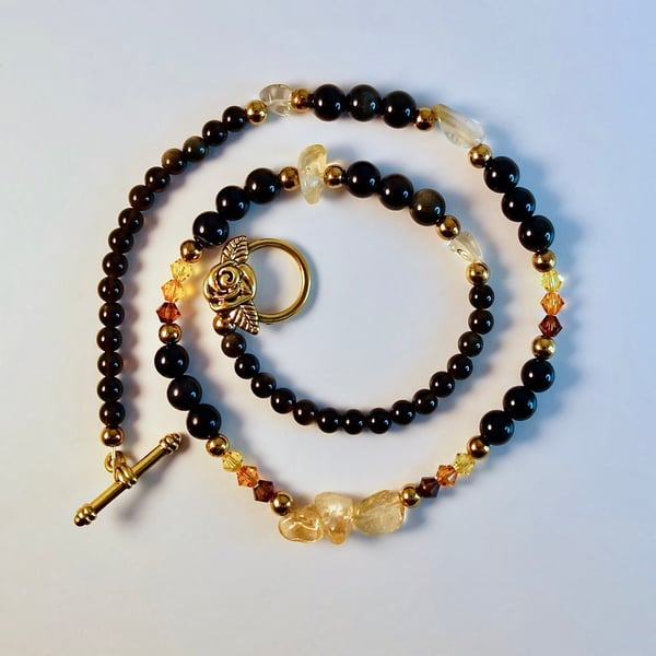 Citrine And Obsidian Necklace With Swarovski Topaz Crystals - Handmade In Devon