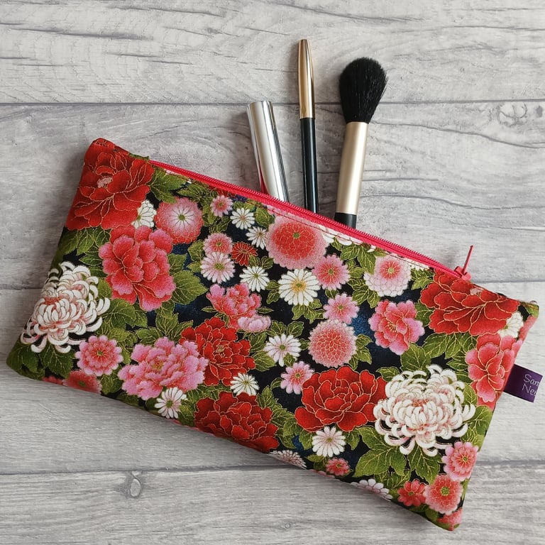 Pink & Green Floral Zip Top Storage Bag, Make Up Bag, Pencil Case