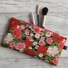 Pink & Green Floral Zip Top Storage Bag, Make Up Bag, Pencil Case