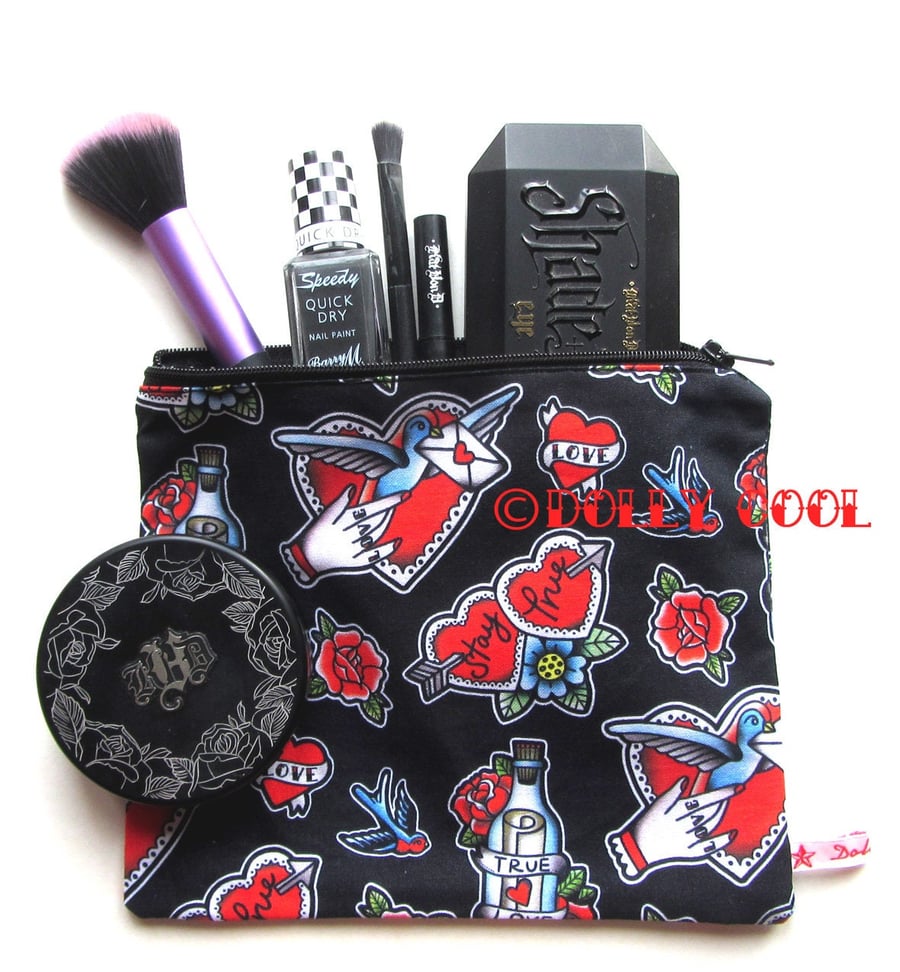 Tattoo Zipper Pouch by Dolly Cool Medium Rose Swallow True Love Self Designed 