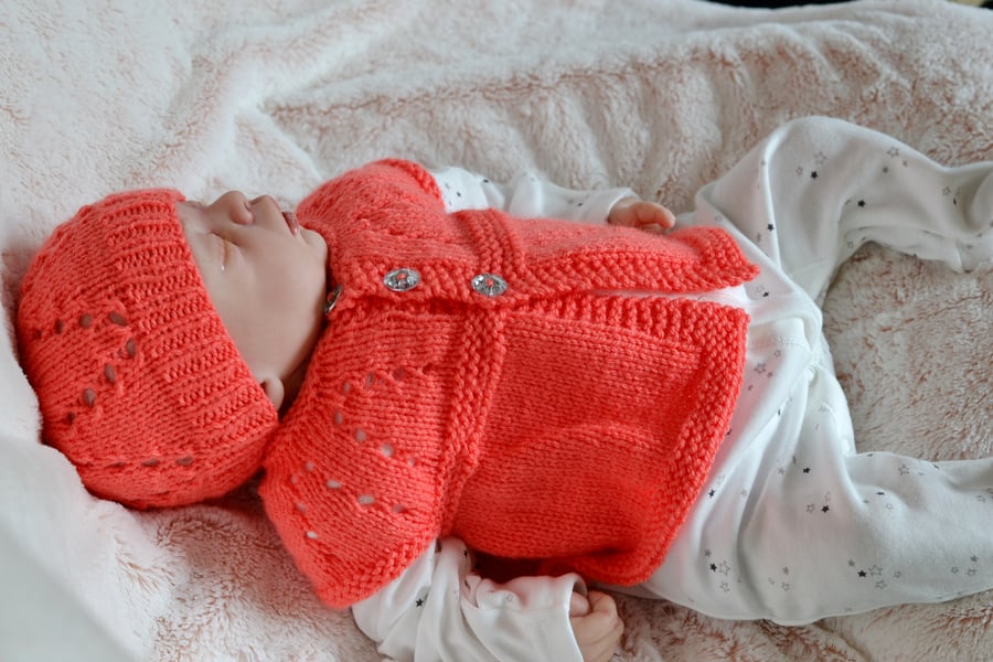 Newborn Salmon Pink Knitted Sleeveless Cardigan and Hat Set