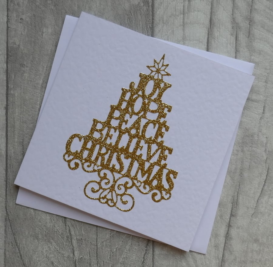 Joy, Hope, Peace, Believe, Christmas - Gold Glitter Tree - Christmas Card