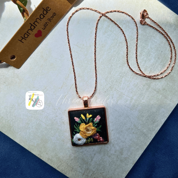 Hand embroidered pendant, embroidery necklace, floral embroidered, rose gold 