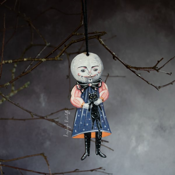 Herman moon man with a black cat Halloween decoration, made from wood