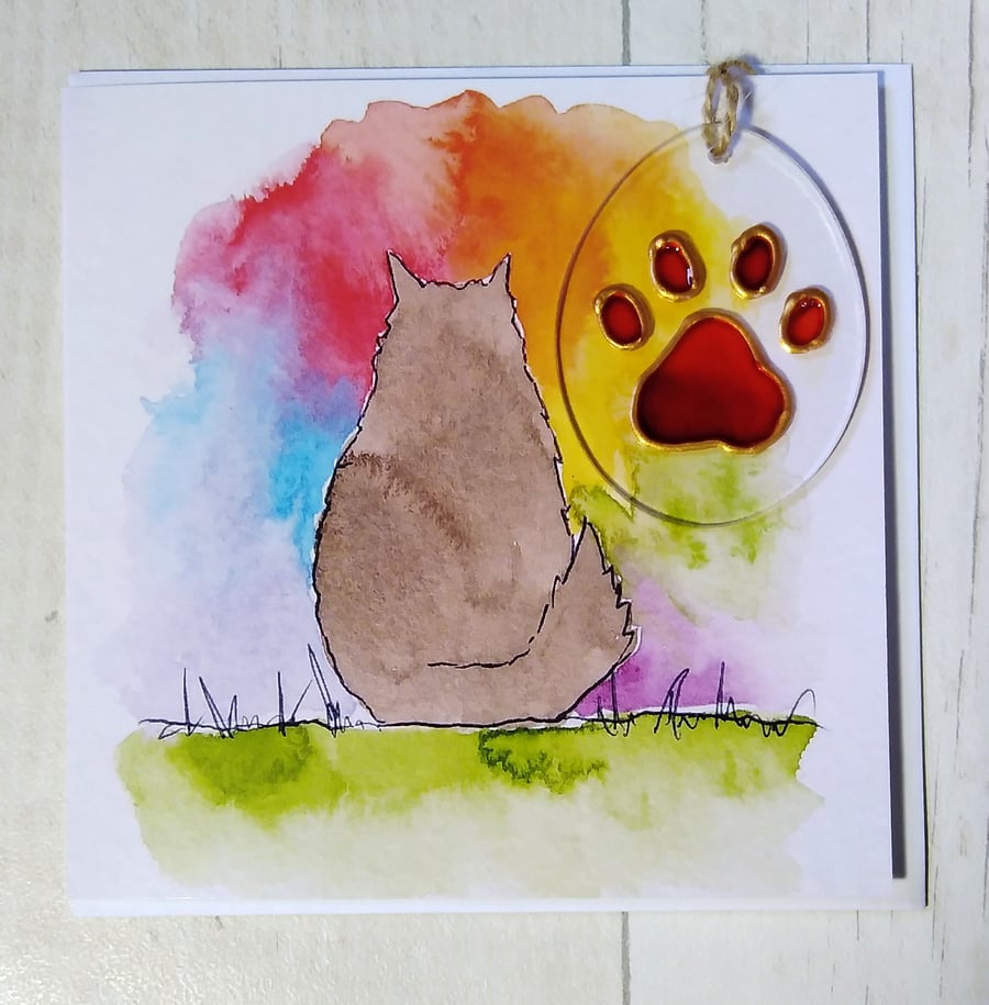 Maine Coon sympathy card (printed card) and paw print sun catcher. Pet loss.