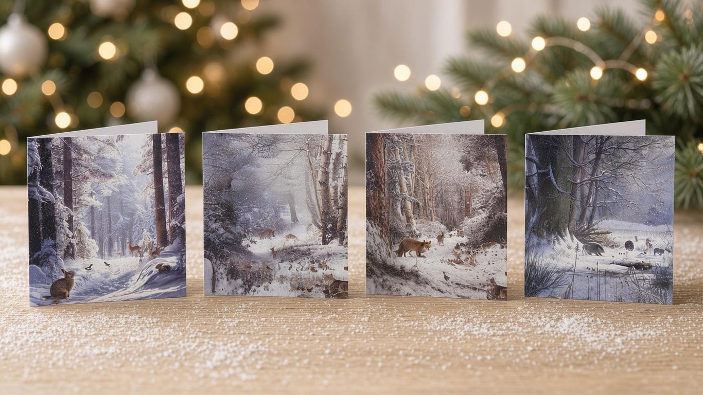Woodland Animals Christmas Cards, Pack of 4 Snowy Scenes with Envelopes