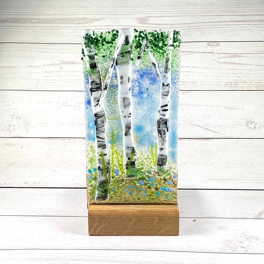 Fused glass decoration with wooden candle crib 