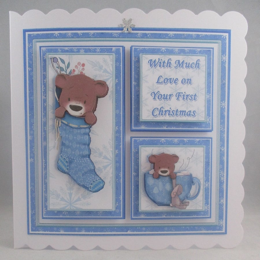 Handmade Decoupage,3D Cute Bear Boys First Christmas Card, Personalise