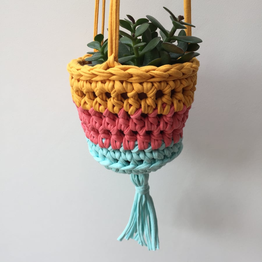 Crochet hanging planter - mustard, coral and turquoise - free UK shipping
