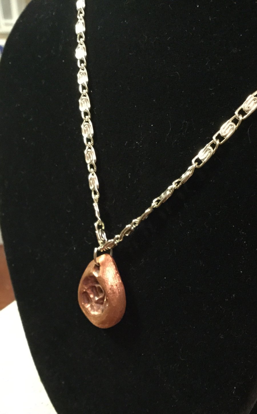 Hand crafted Rose droplet solid copper pendant on 20” Serling silver chain