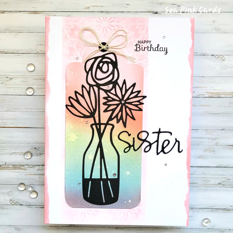 Sister birthday card, vase, flowers, blank inside, dimensional textured 