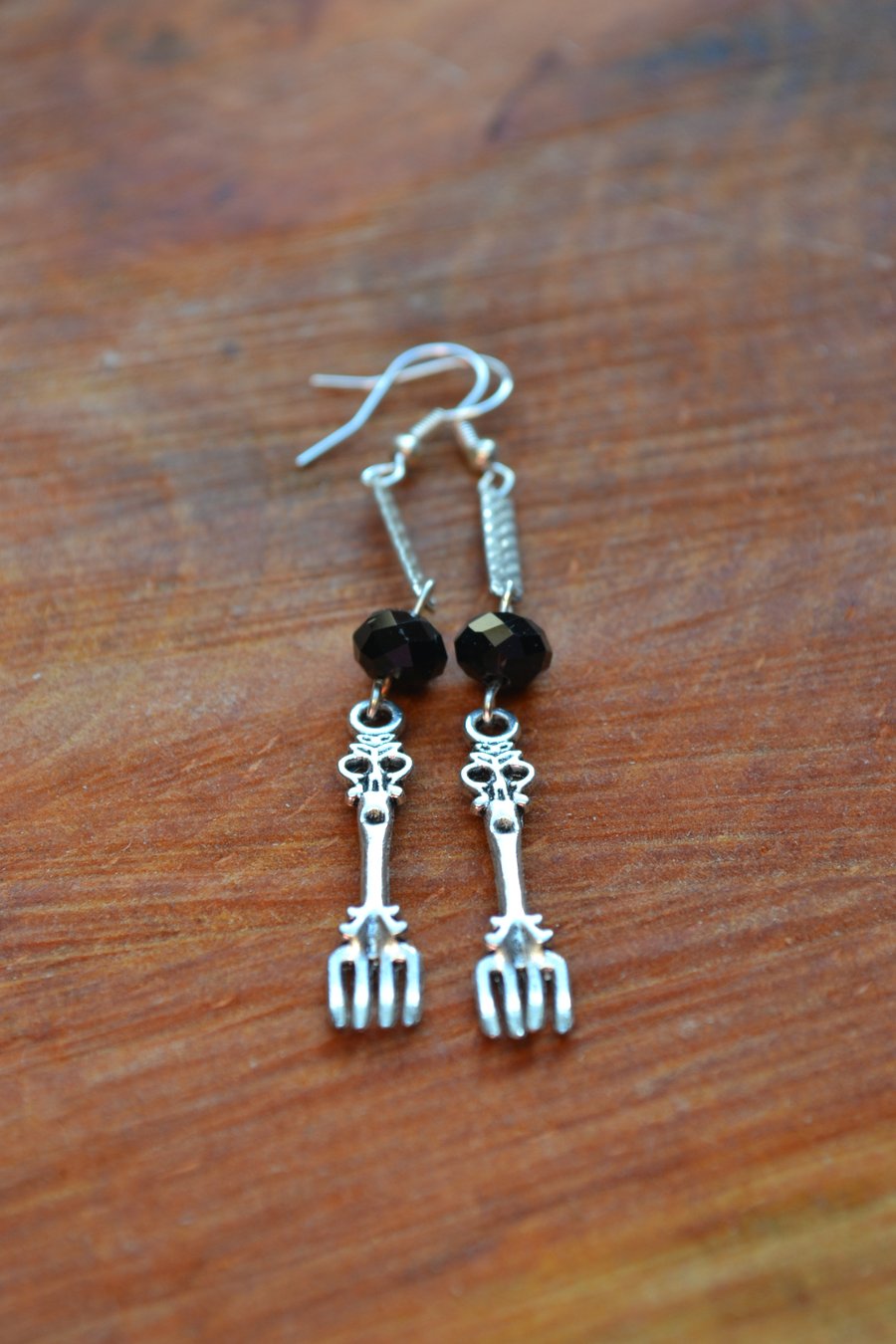 Steampunk earrings cake fork and black glass beads