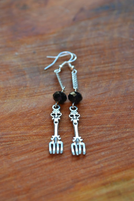 Steampunk earrings cake fork and black glass beads