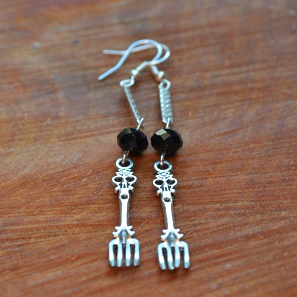 Steampunk earrings cake fork and black glass beads