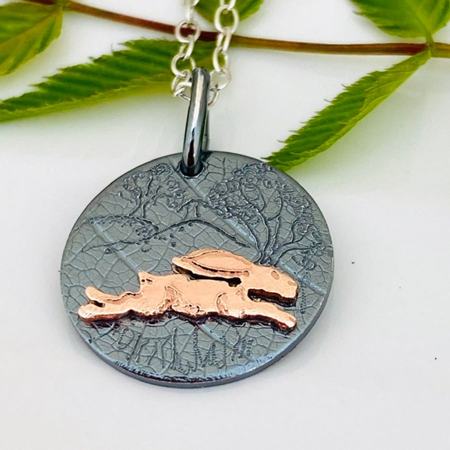 draft 'Magical' Running Copper Hare  Moon Silver Pendant Necklace, Gift, Freedom