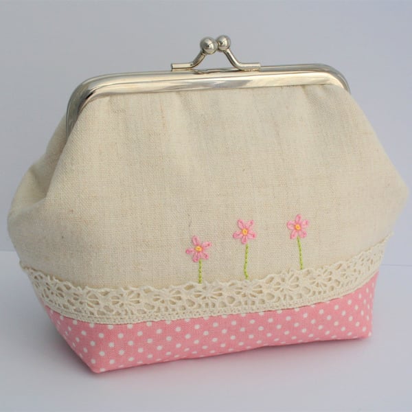 Pink Daisy and Lace Mini Clutch Purse