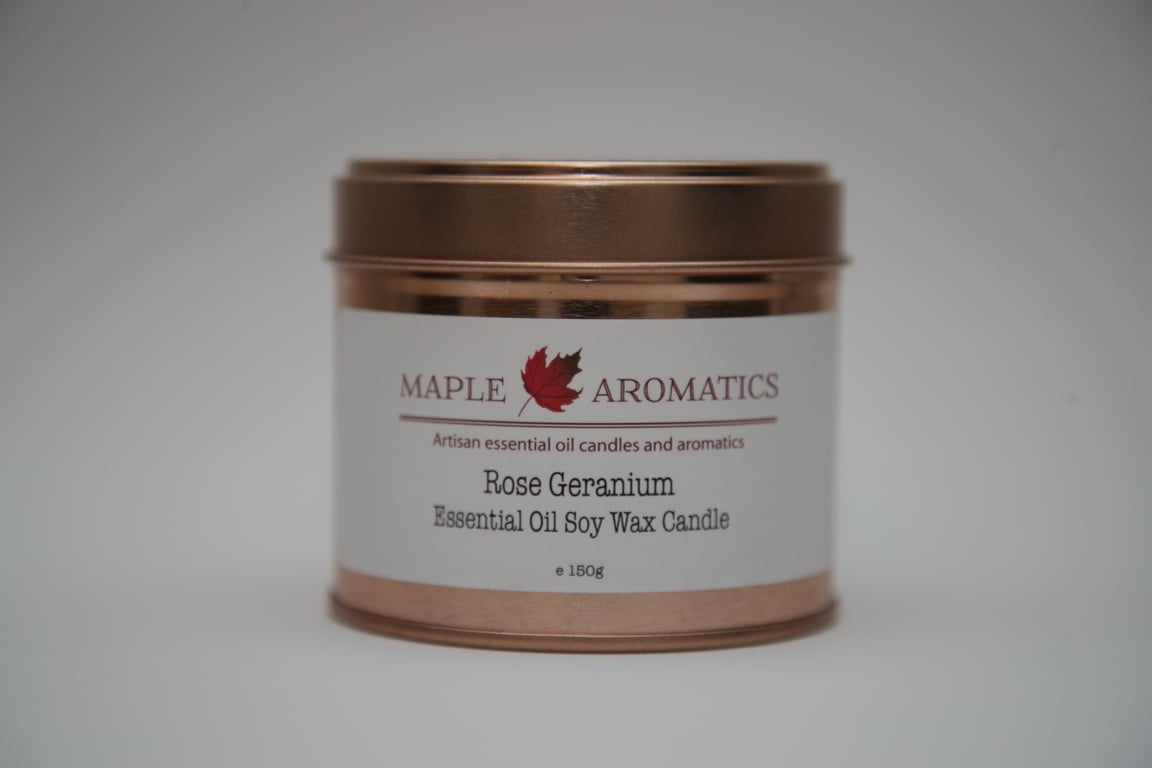 Maple Aromatics Rose Geranium Soy Wax Rose Gold 150g Candle Tin
