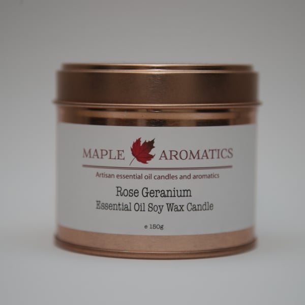 Maple Aromatics Rose Geranium Soy Wax Rose Gold 150g Candle Tin