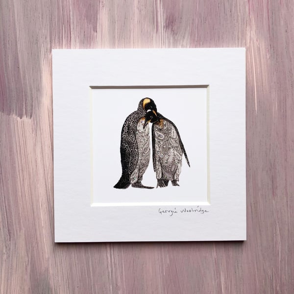 'Penguin Love' 5" x 5" Mounted Print