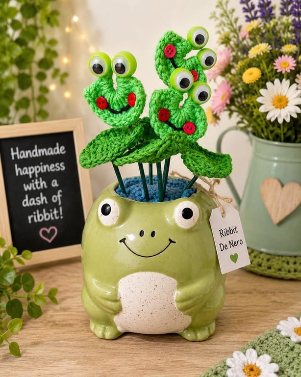 Ribbet De Nero – Handmade Crochet Frogs in a Ceramic Frog Pot