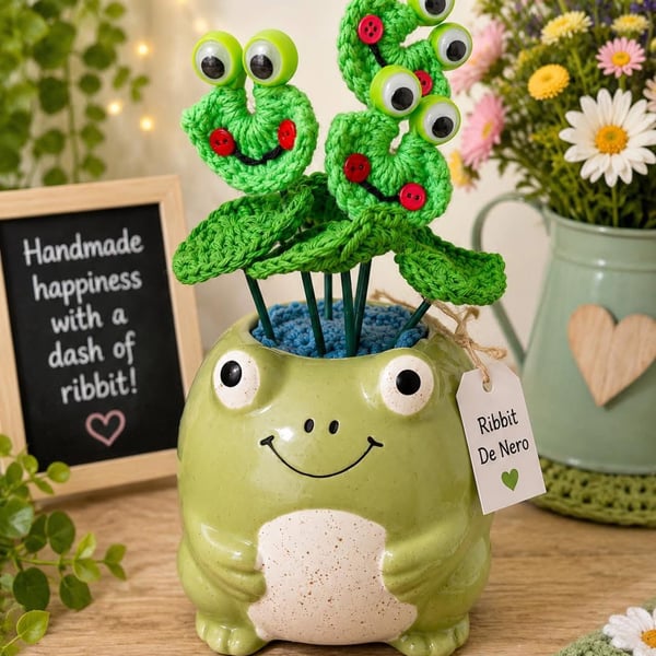 Ribbet De Nero – Handmade Crochet Frogs in a Ceramic Frog Pot