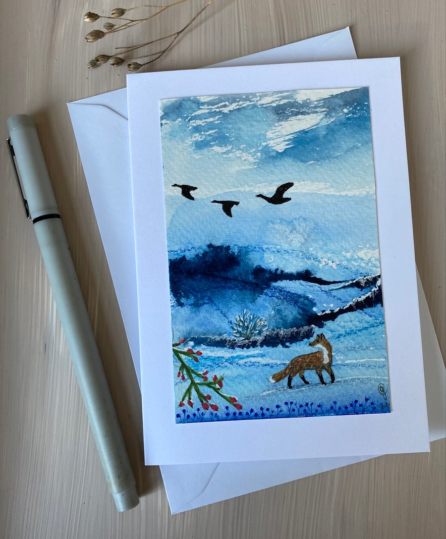 Winter greetings card fox and geese