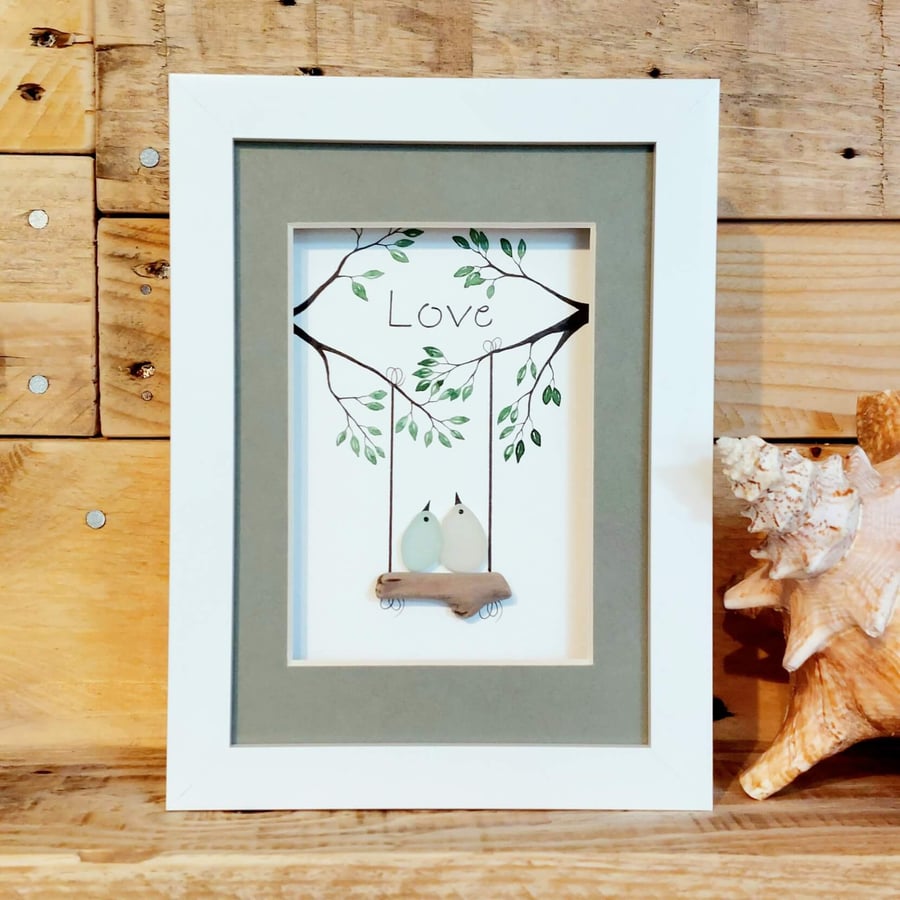 Sea Glass Lovebirds Couple Framed Picture - Wedding, Engagement or Housewarming