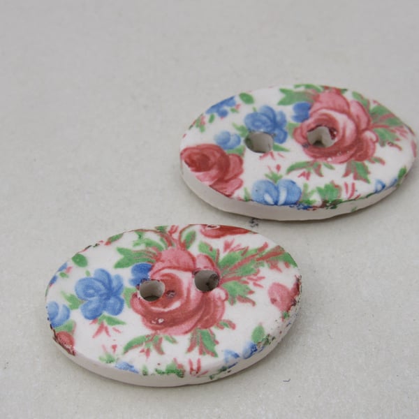 2 Floral Blue Chintz Oval Ceramic Buttons
