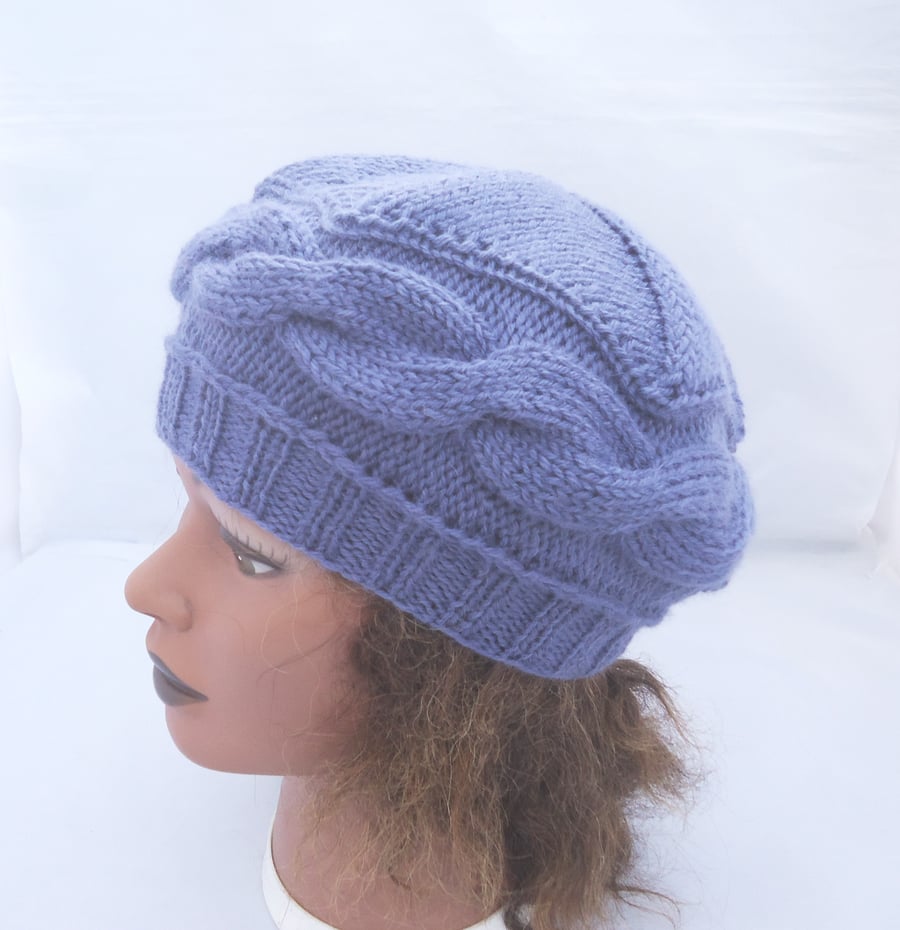 Women Hand Knit Cable Beret, Winter Women Hat in Purple,Lavender