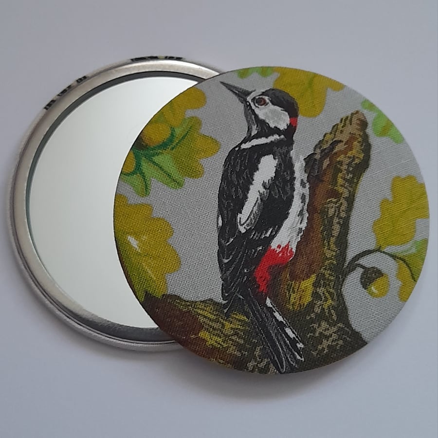 Woodpecker Design Fabric Backed Pocket Mirror