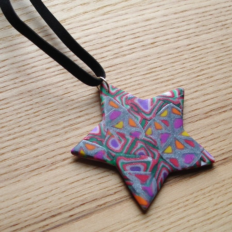 Patchwork Star FIMO Polymer Clay Pendant