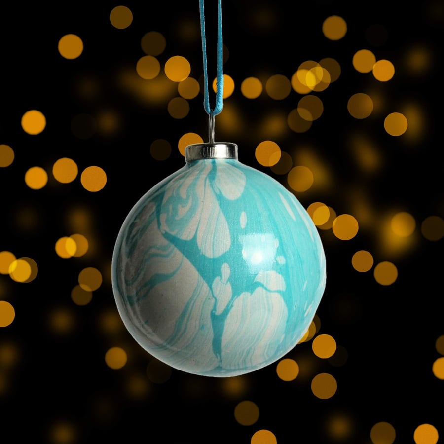 Christmas bauble ceramic hand marbled 5cm round in turquoise and silver