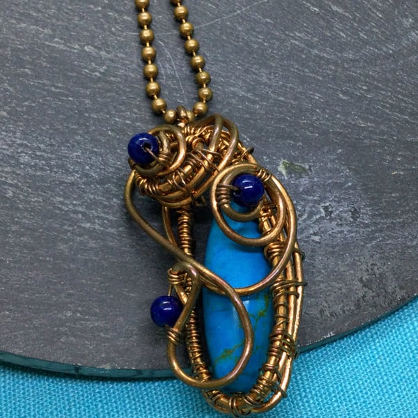 Turquoise Gemstone Wire Wrapped in Tarnished Copper on Copper Chain
