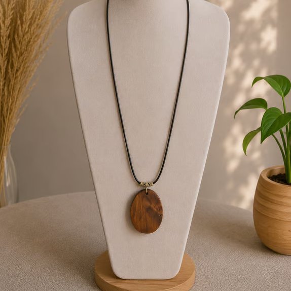 Oval wood silver long pendant statement necklace on leather cord wood jewellery