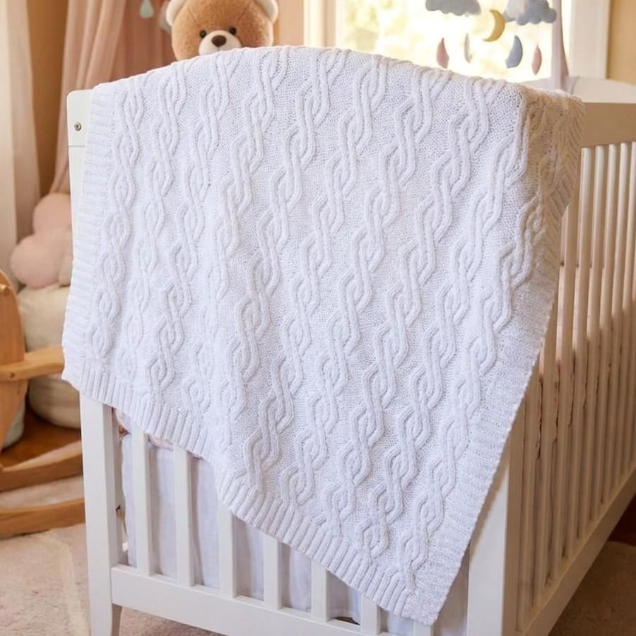 Hand Knitted White Baby Blanket with Cable Design, Soft Newborn or Shower Gift