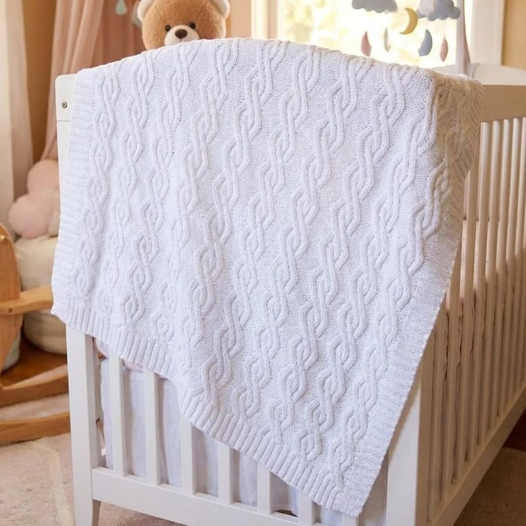 Hand Knitted White Baby Blanket with Cable Design, Soft Newborn or Shower Gift