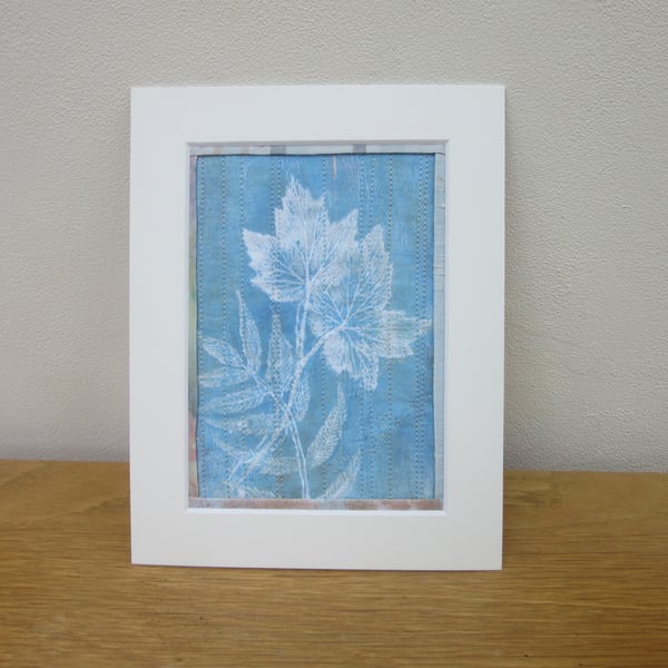 Printed leaf picture, fabric art, Pale blue and white, machine quilted