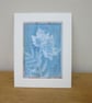 Printed leaf picture, fabric art, Pale blue and white, machine quilted