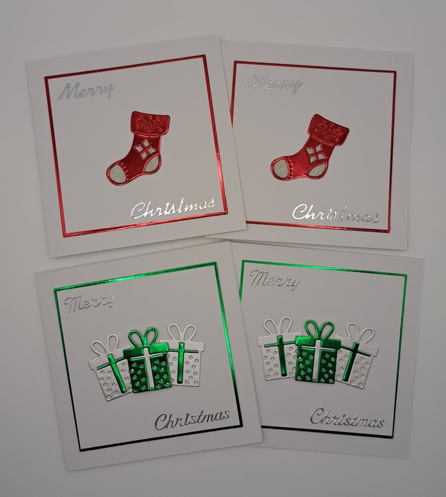Set of 4 Christmas Cards – Stockings & Presents - 4 x 4 Inch Square