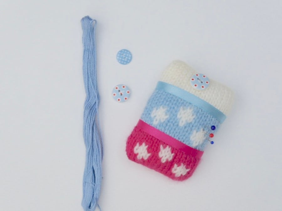 Pincushion, knitted pincushion, polka dot pincushion, needlework gift
