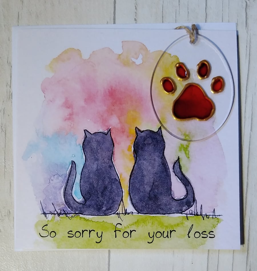 Black cats sympathy card (printed card) and paw print sun catcher. Pet loss.