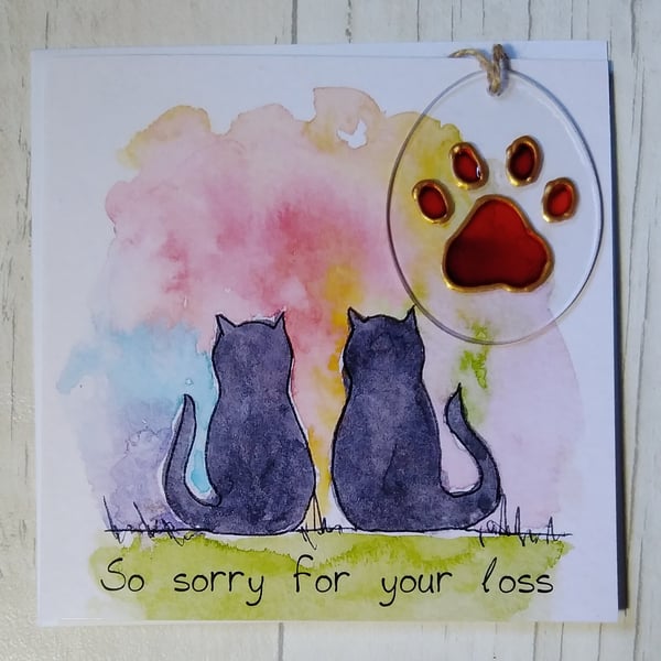 Black cats sympathy card (printed card) and paw print sun catcher. Pet loss.