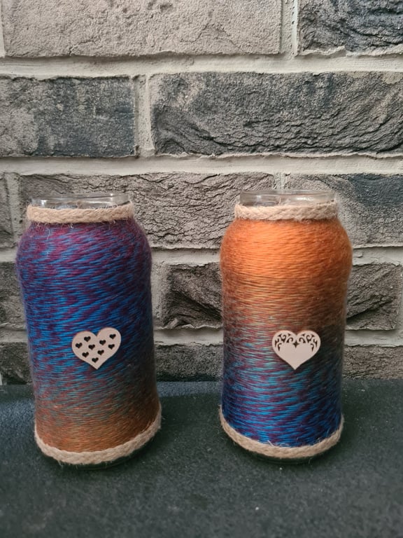 Set of 2 upcycled glass jars wrapped with marble effect yarn