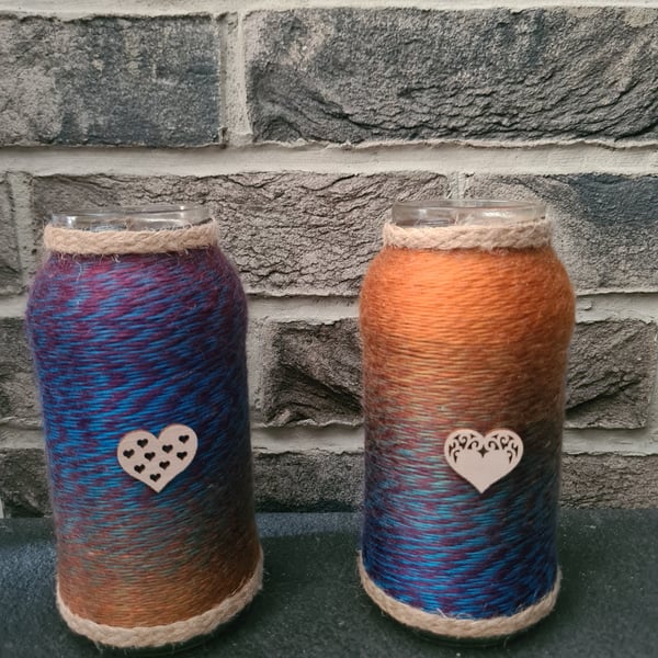 Set of 2 upcycled glass jars wrapped with marble effect yarn