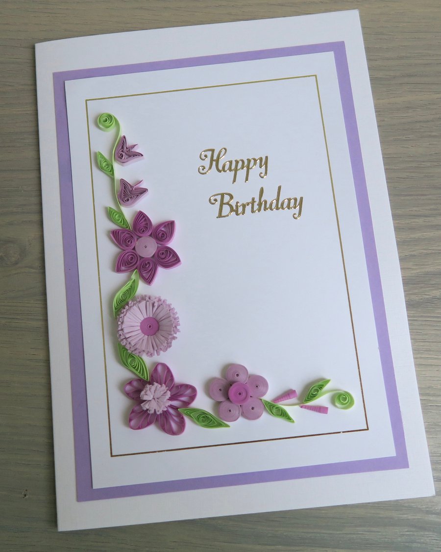 SALE - 50% off - quilled handmade birthday card in lilac and mauve